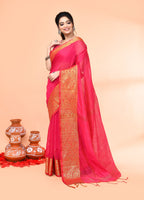 Piyari Fashion Women`s Cotton Blend Rani Handloom Saree With Blouse | Grocsy