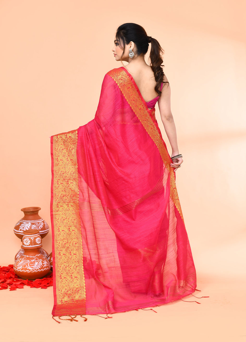 Piyari Fashion Women`s Cotton Blend Rani Handloom Saree With Blouse | Grocsy