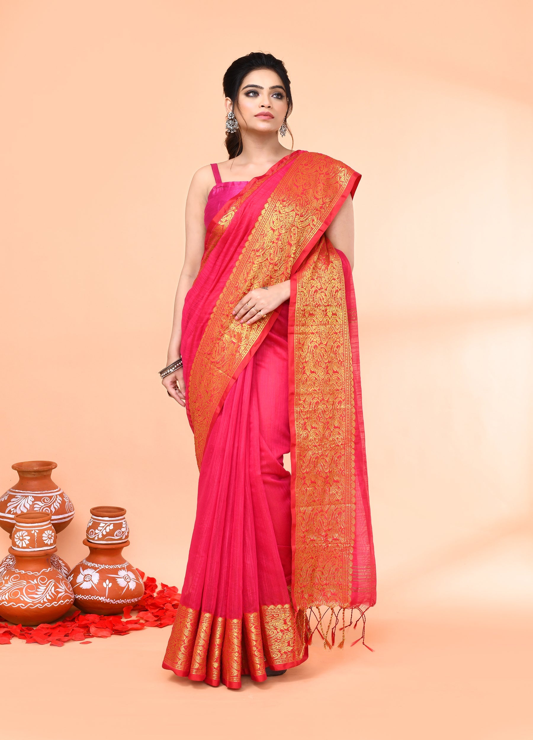 Piyari Fashion Women`s Cotton Blend Rani Handloom Saree With Blouse | Grocsy