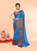 Piyari Fashion Women`s Cotton Blend Sky Blue Handloom Saree With Blouse | Grocsy
