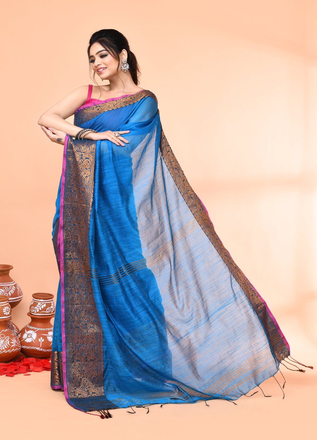 Piyari Fashion Women`s Cotton Blend Sky Blue Handloom Saree With Blouse | Grocsy