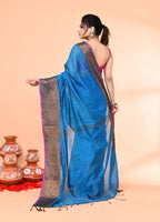 Piyari Fashion Women`s Cotton Blend Sky Blue Handloom Saree With Blouse | Grocsy