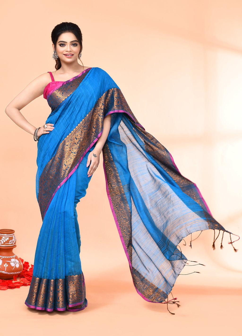 Piyari Fashion Women`s Cotton Blend Sky Blue Handloom Saree With Blouse | Grocsy