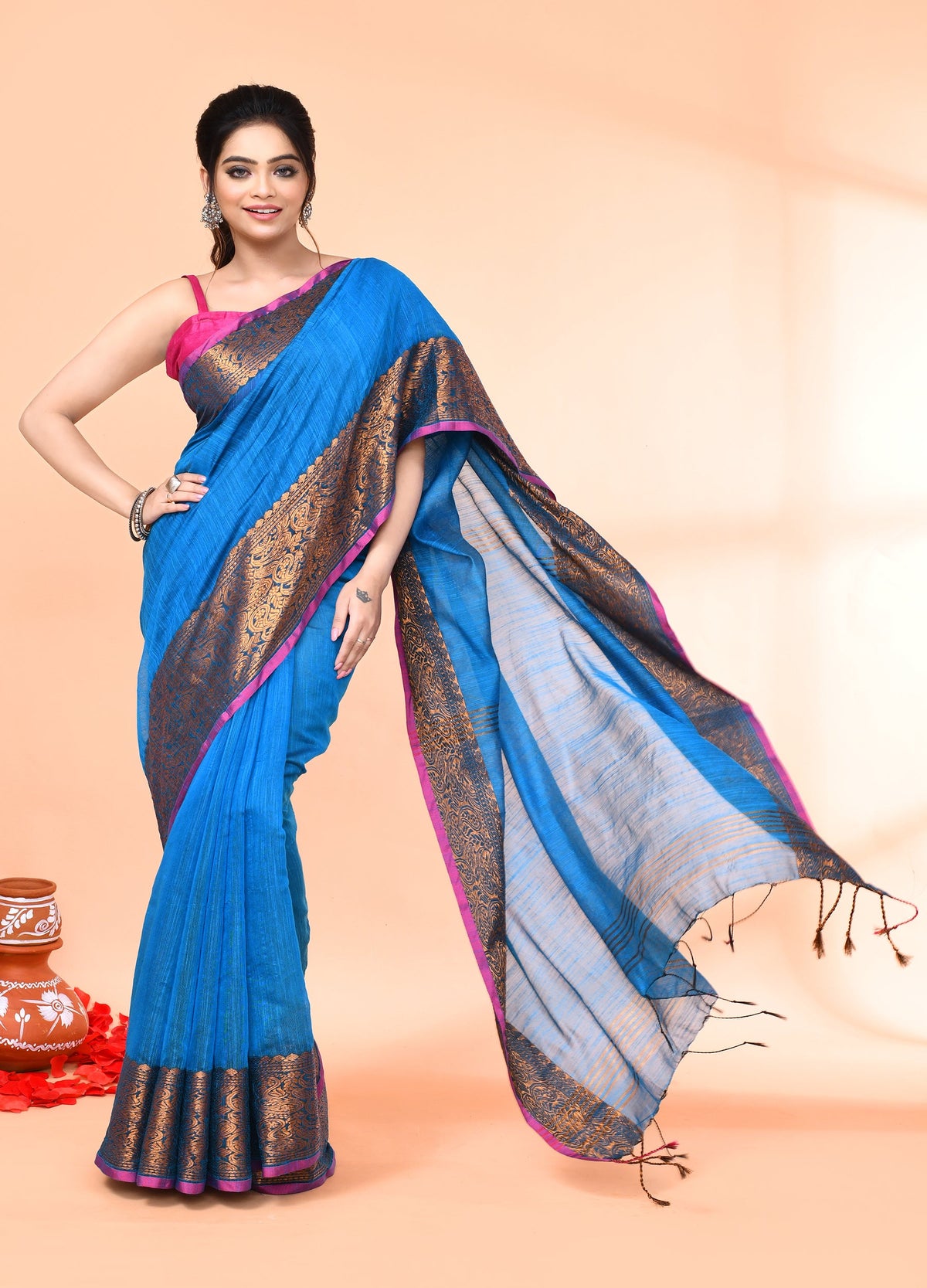 Piyari Fashion Women`s Cotton Blend Sky Blue Handloom Saree With Blouse | Grocsy