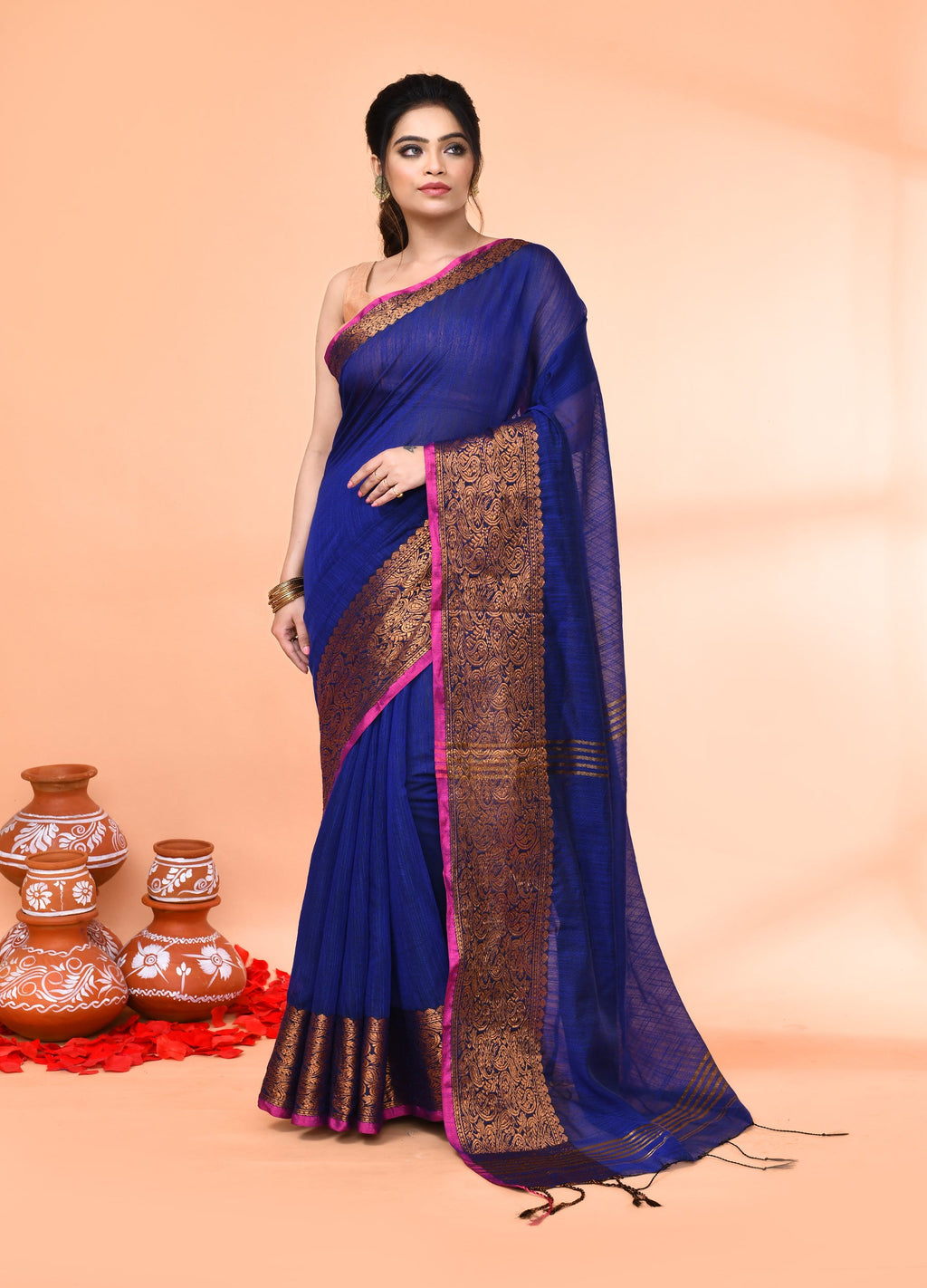 Piyari Fashion Women`s Cotton Blend Royel Blue Handloom Saree With Blouse | Grocsy