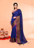 Piyari Fashion Women`s Cotton Blend Royel Blue Handloom Saree With Blouse | Grocsy