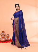 Piyari Fashion Women`s Cotton Blend Royel Blue Handloom Saree With Blouse | Grocsy