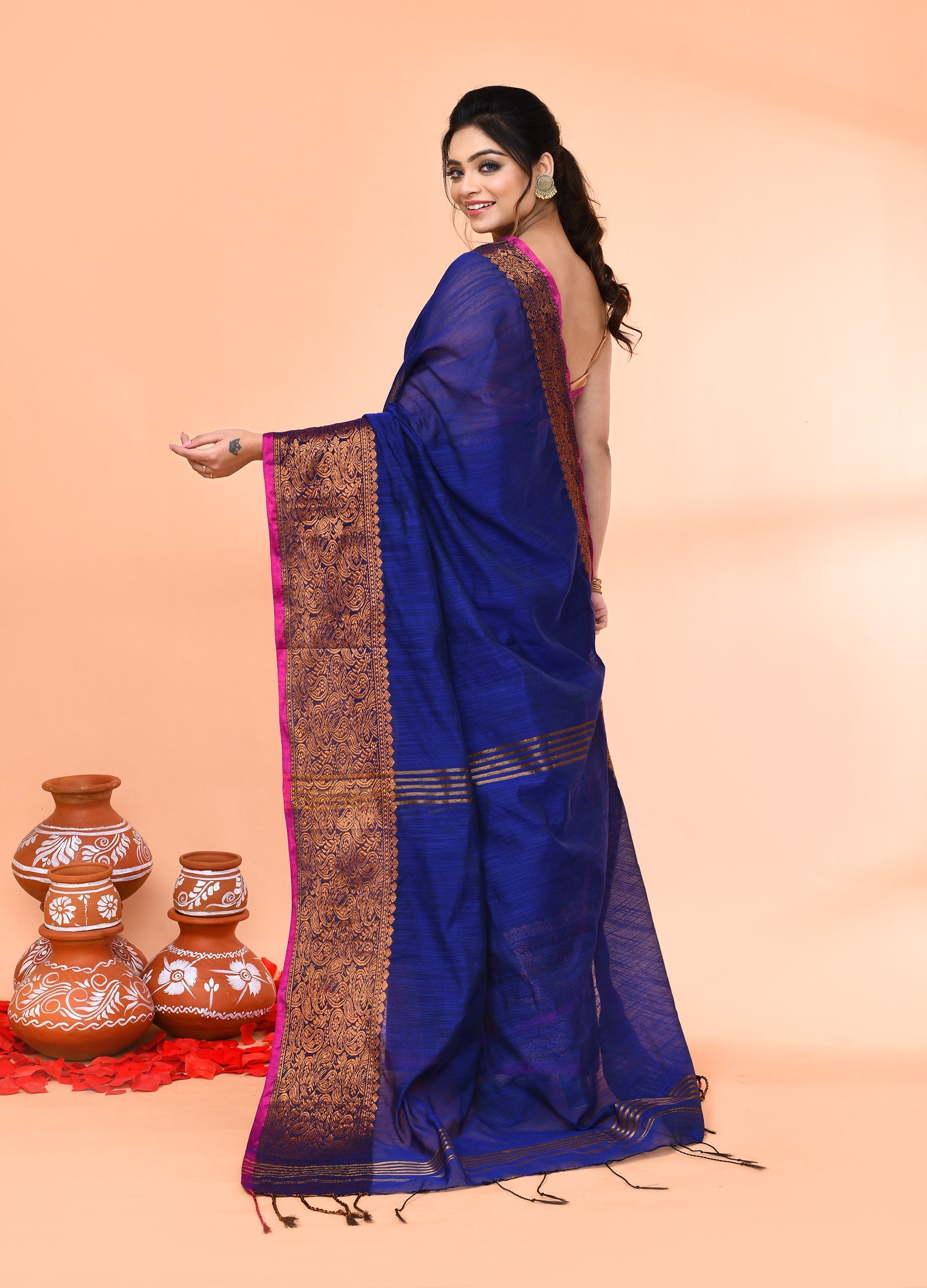 Piyari Fashion Women`s Cotton Blend Royel Blue Handloom Saree With Blouse | Grocsy
