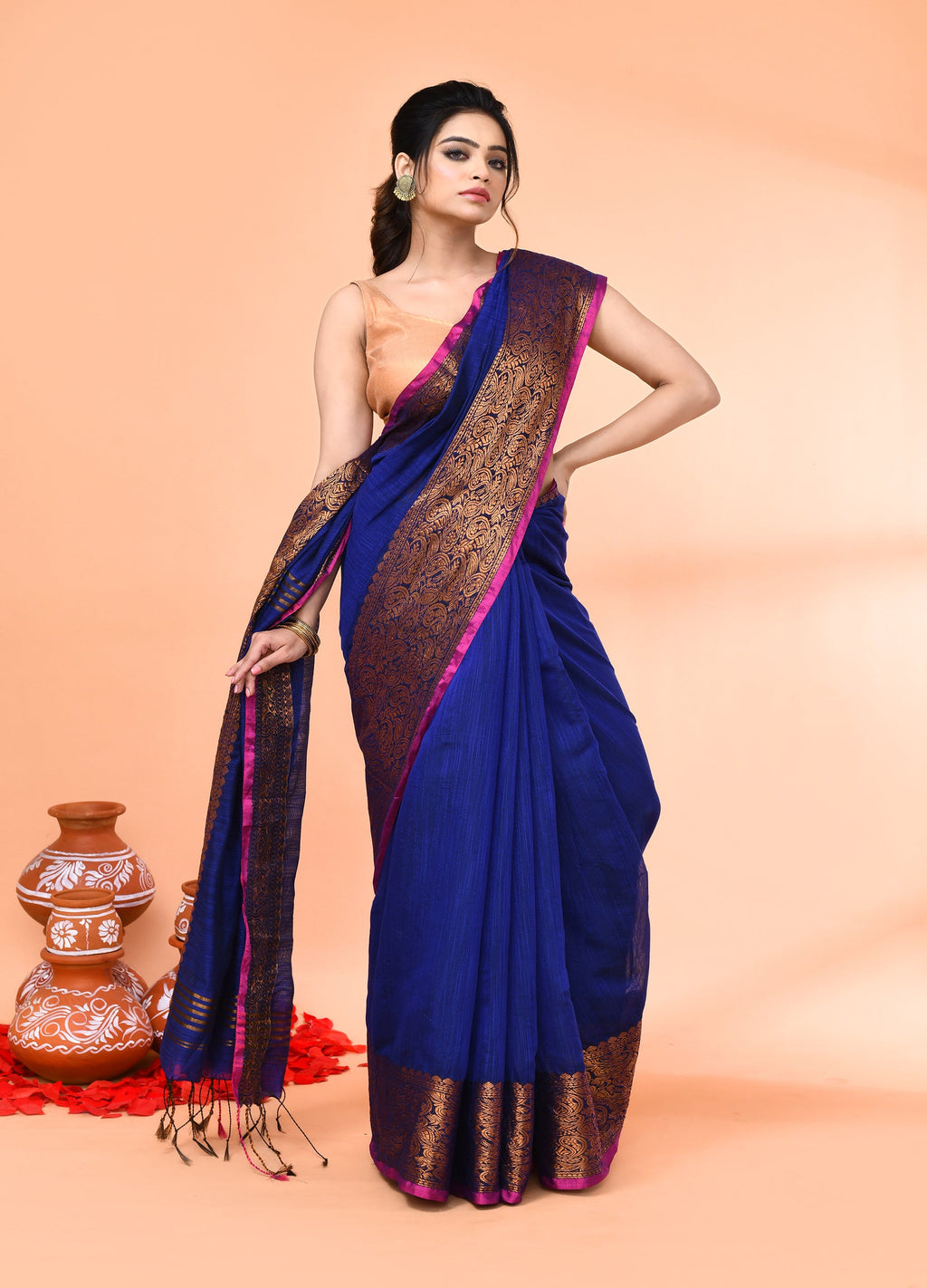 Piyari Fashion Women`s Cotton Blend Royel Blue Handloom Saree With Blouse | Grocsy