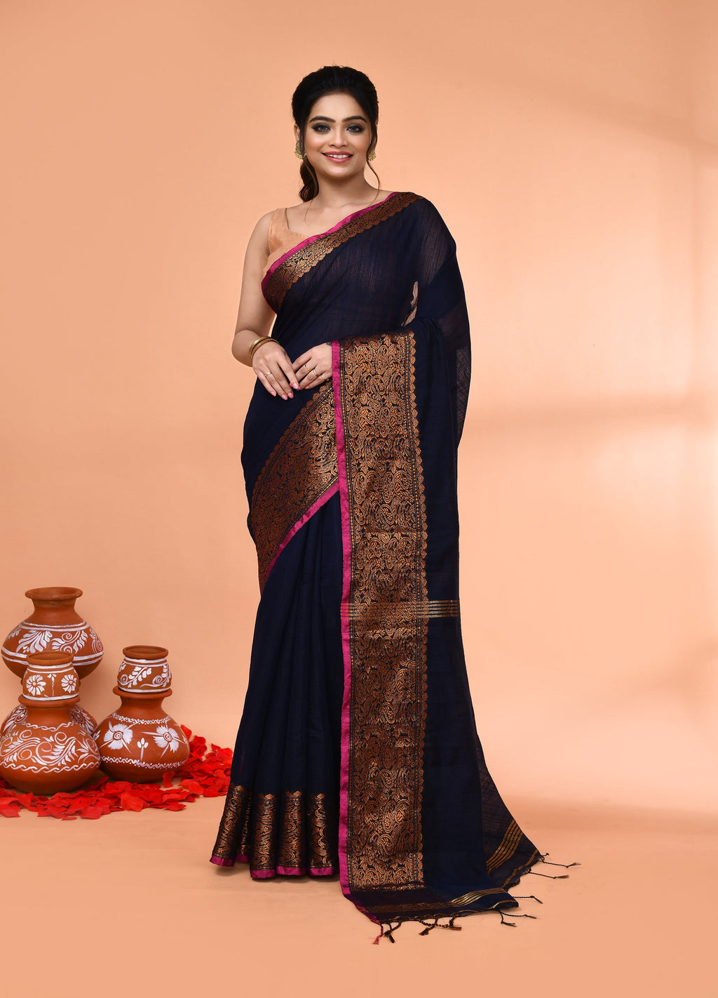 Piyari Fashion Women`s Cotton Blend Navy Blue Handloom Saree With Blouse | Grocsy