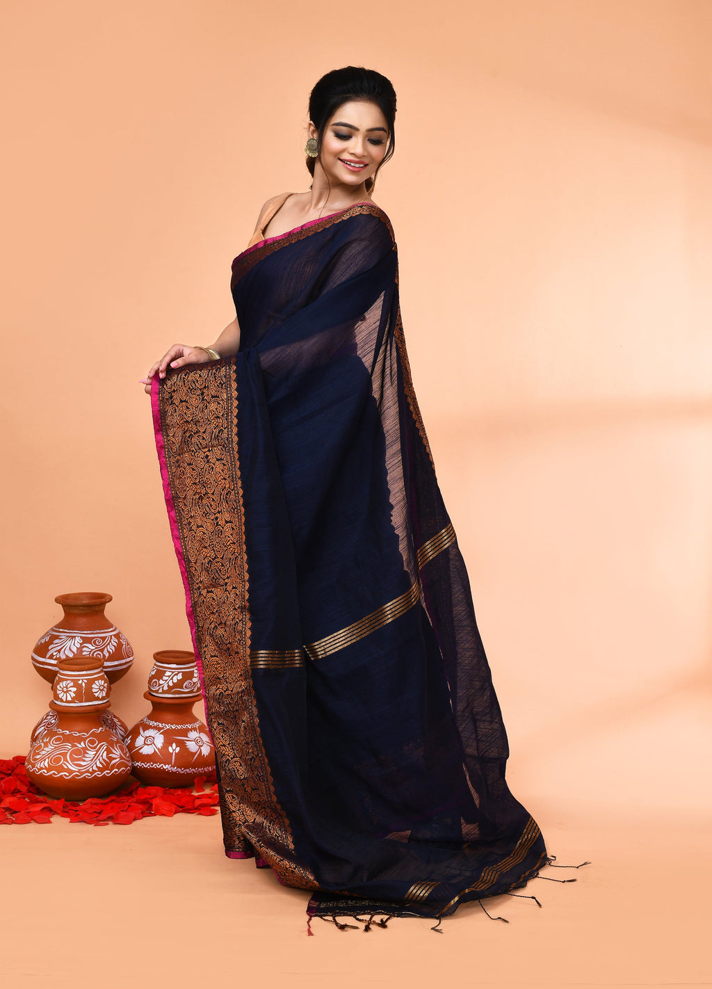 Piyari Fashion Women`s Cotton Blend Navy Blue Handloom Saree With Blouse | Grocsy