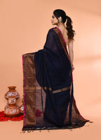 Piyari Fashion Women`s Cotton Blend Navy Blue Handloom Saree With Blouse | Grocsy