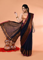 Piyari Fashion Women`s Cotton Blend Navy Blue Handloom Saree With Blouse | Grocsy