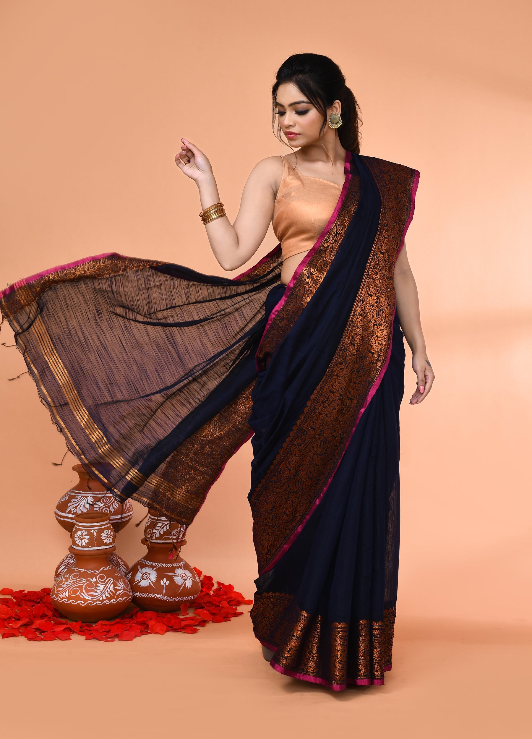 Piyari Fashion Women`s Cotton Blend Navy Blue Handloom Saree With Blouse | Grocsy