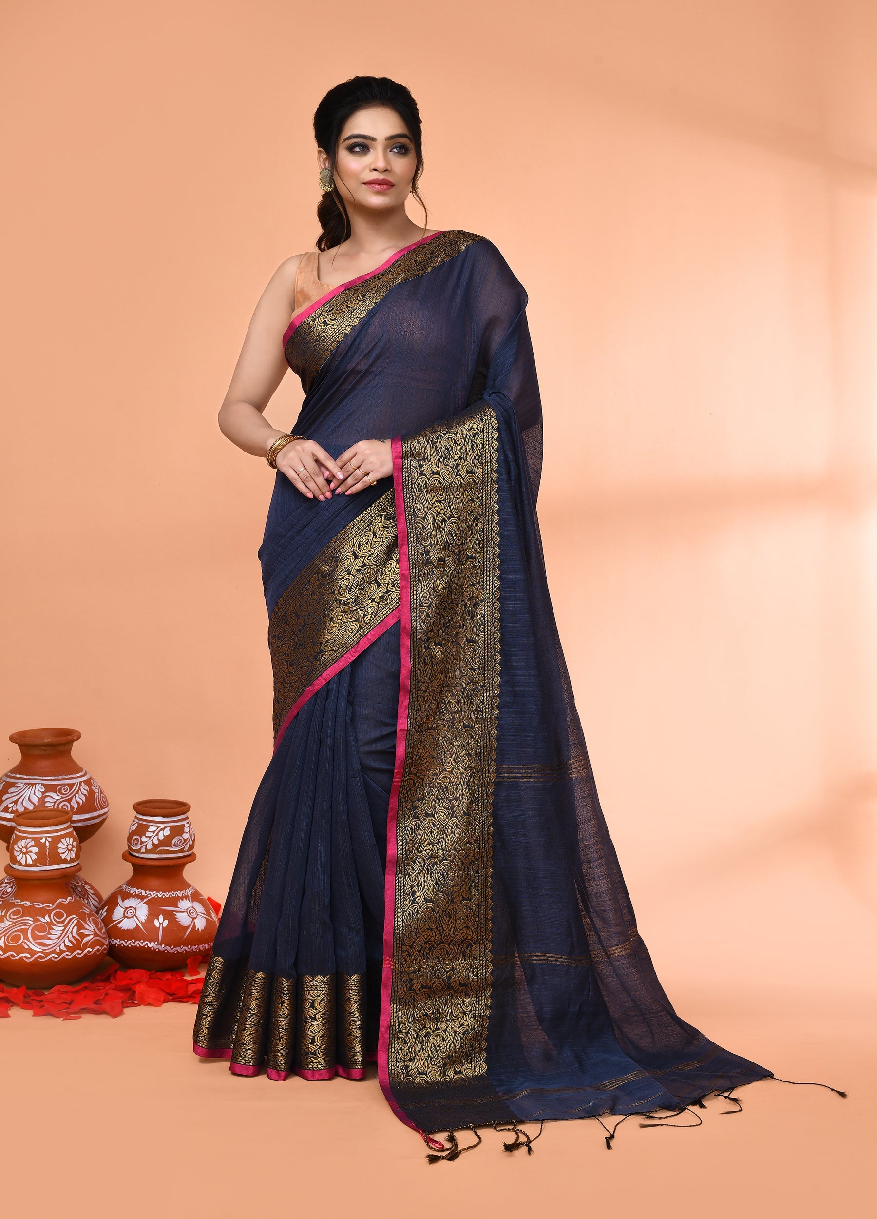 Piyari Fashion Women`s Cotton Blend Grey Handloom Saree With Blouse | Grocsy