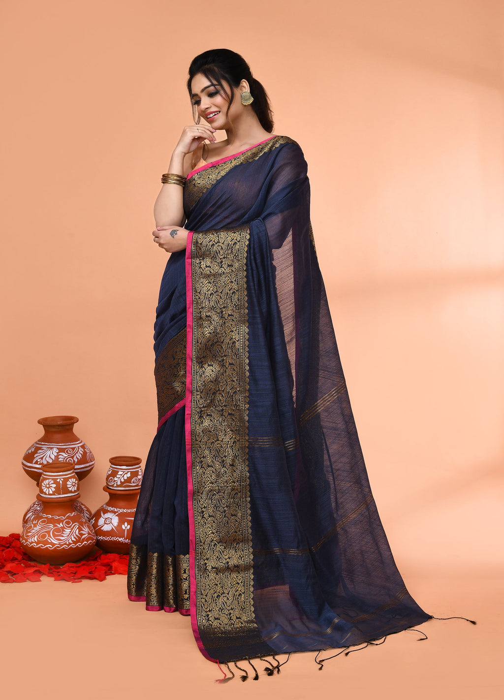 Piyari Fashion Women`s Cotton Blend Grey Handloom Saree With Blouse | Grocsy