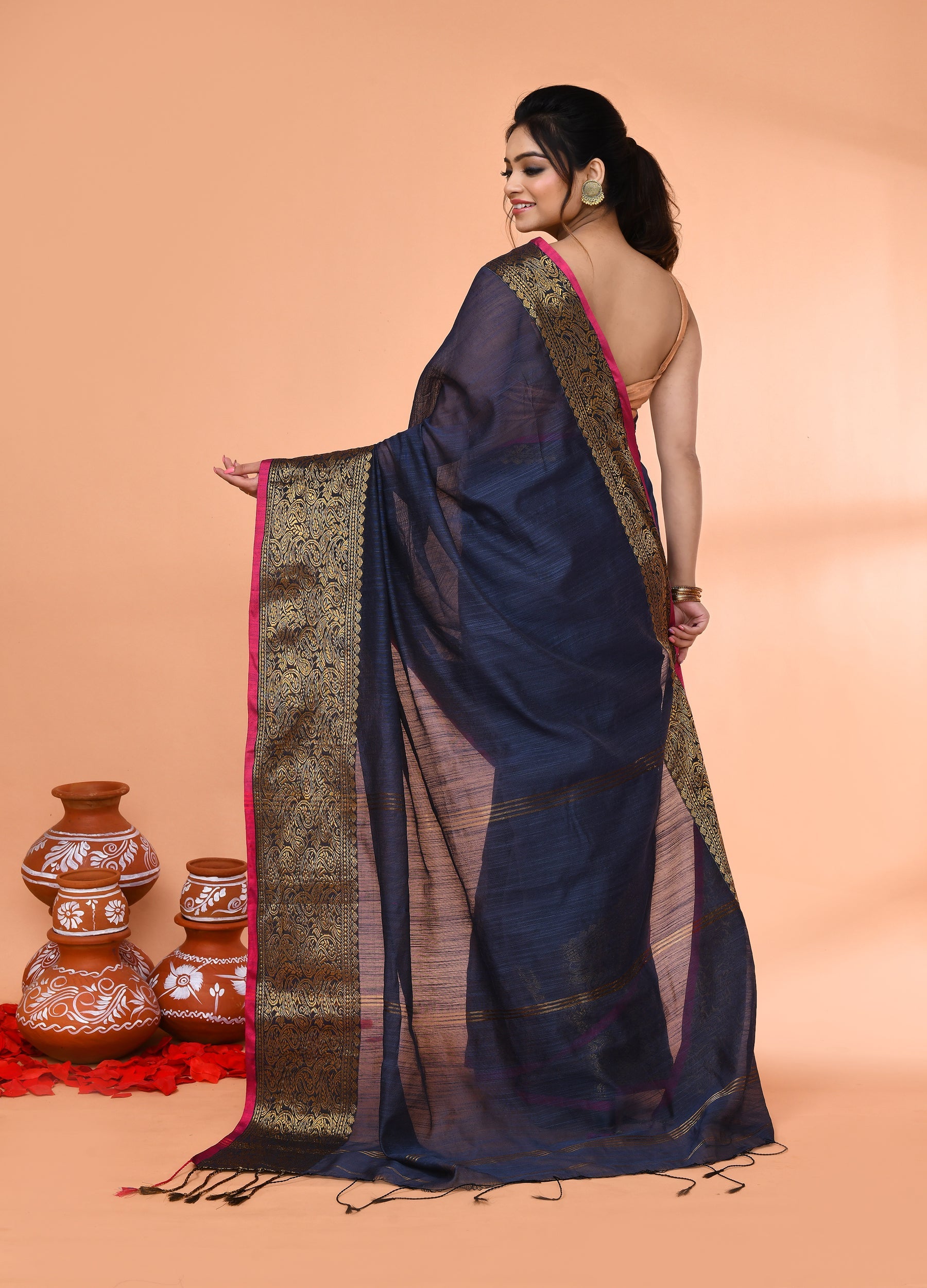 Piyari Fashion Women`s Cotton Blend Grey Handloom Saree With Blouse | Grocsy