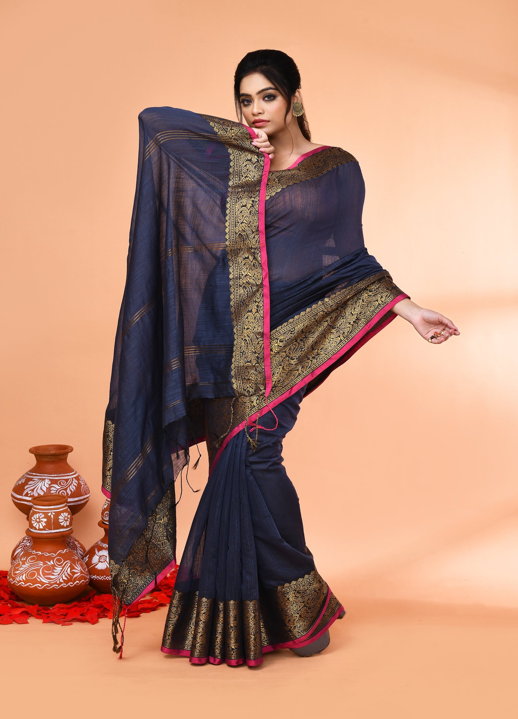 Piyari Fashion Women`s Cotton Blend Grey Handloom Saree With Blouse | Grocsy