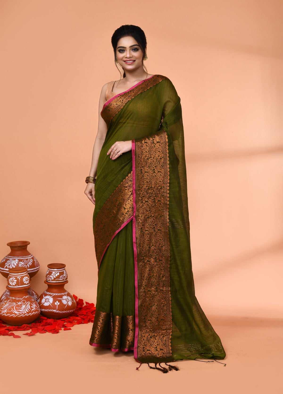 Piyari Fashion Women`s Cotton Blend Moss Green Handloom Saree With Blouse | Grocsy