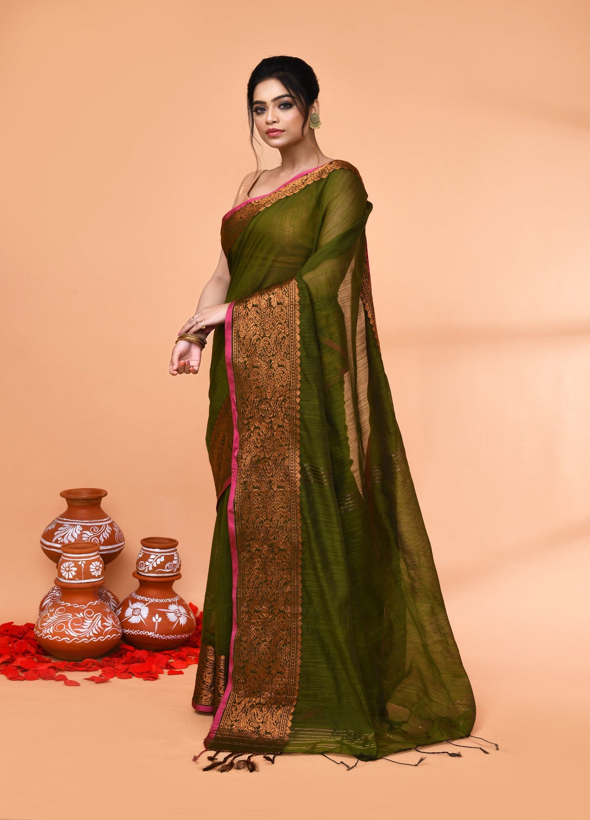 Piyari Fashion Women`s Cotton Blend Moss Green Handloom Saree With Blouse | Grocsy