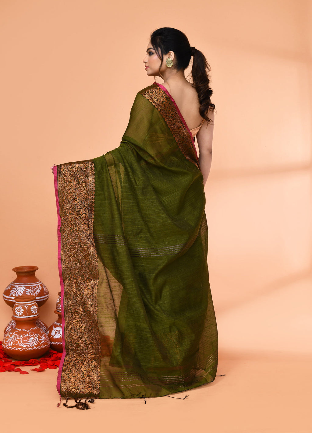 Piyari Fashion Women`s Cotton Blend Moss Green Handloom Saree With Blouse | Grocsy
