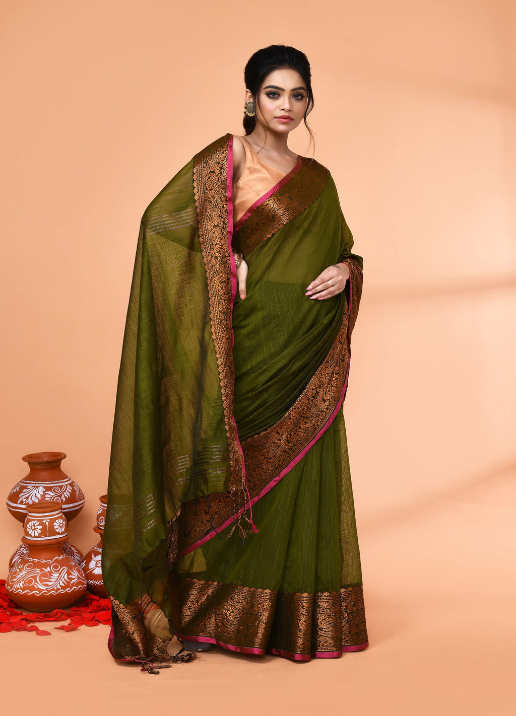 Piyari Fashion Women`s Cotton Blend Moss Green Handloom Saree With Blouse | Grocsy