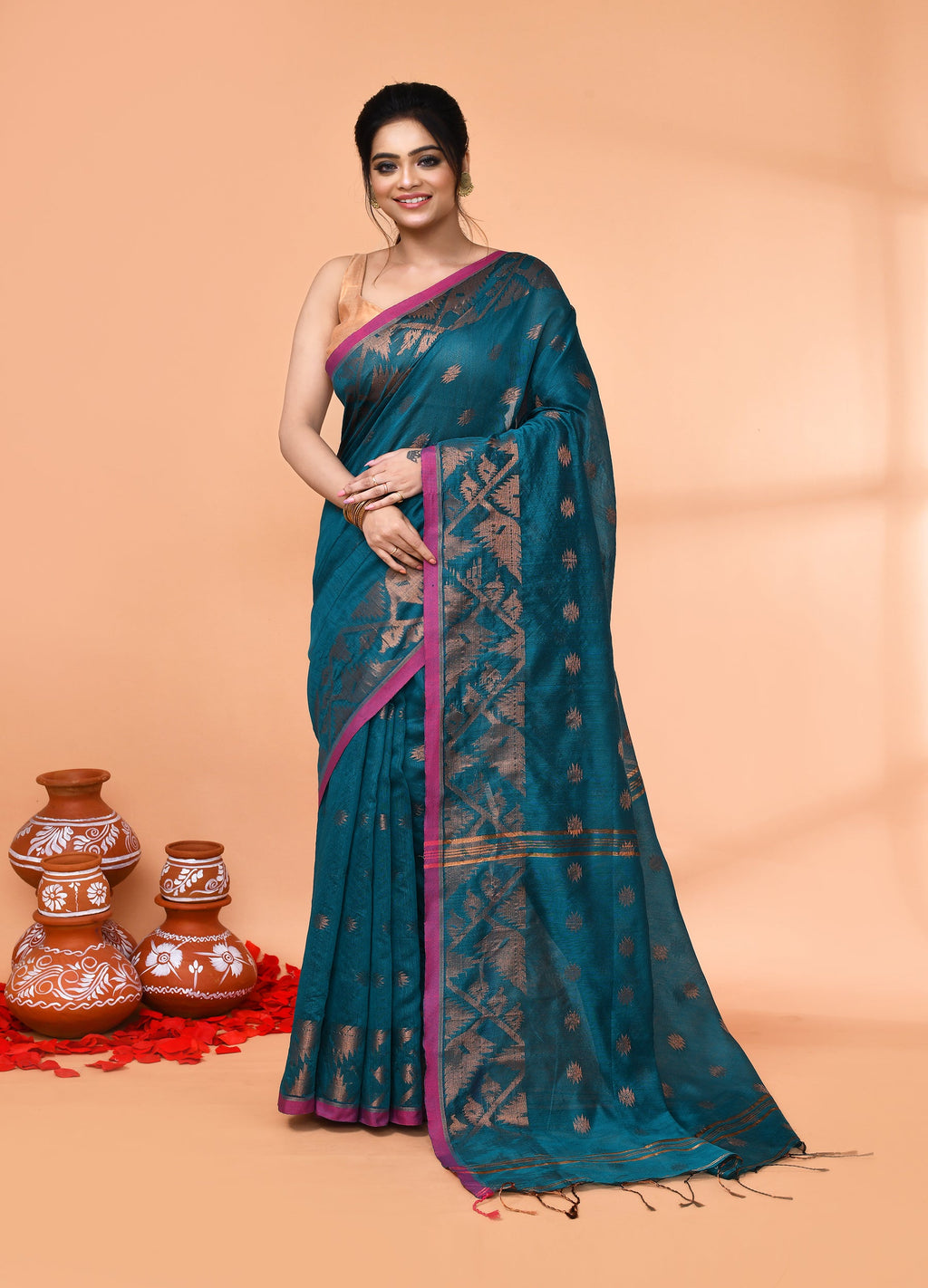 Piyari Fashion Women`s Cotton Blend Teal Handloom Saree With Blouse | Grocsy