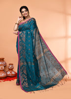 Piyari Fashion Women`s Cotton Blend Teal Handloom Saree With Blouse | Grocsy
