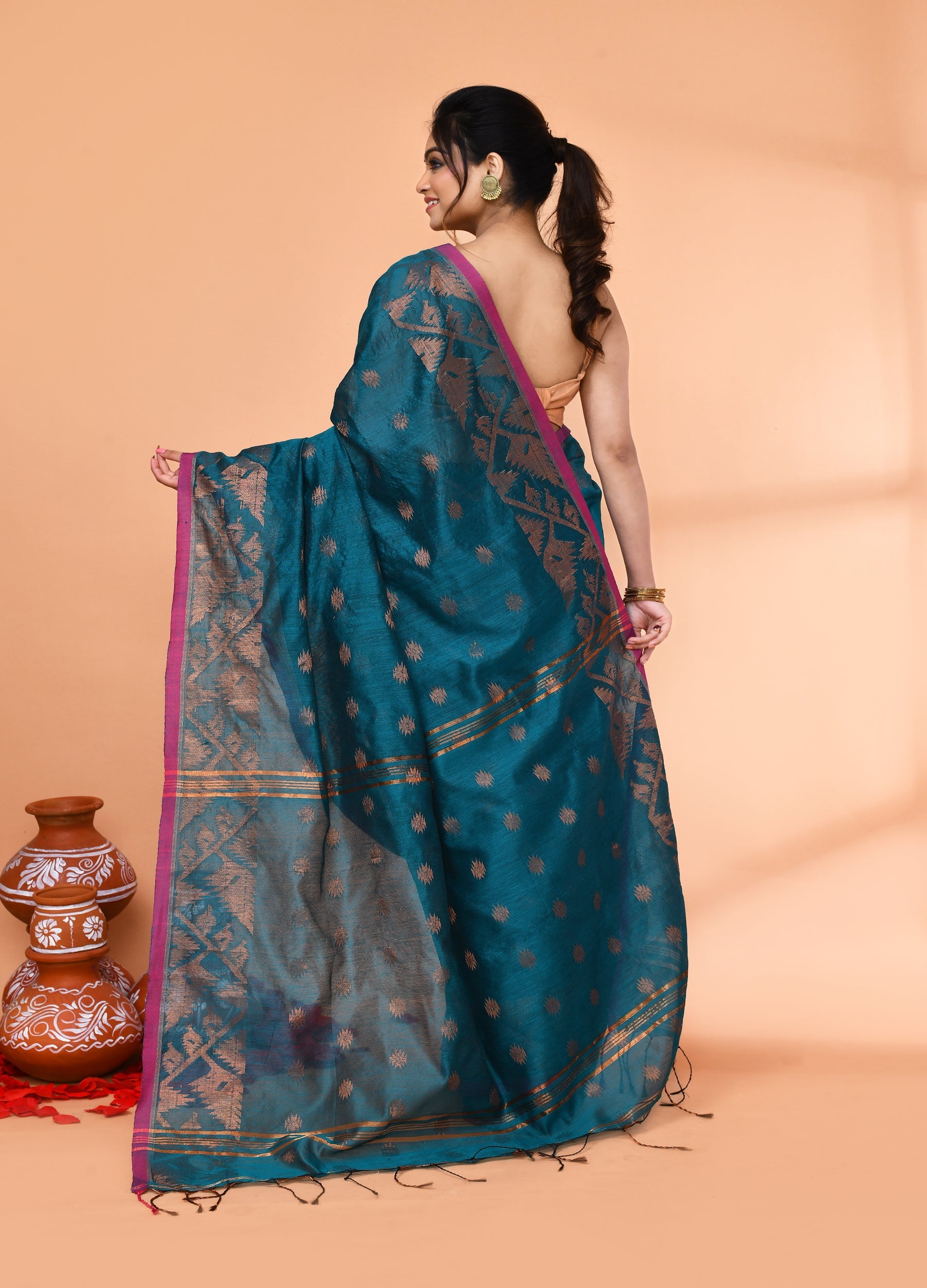 Piyari Fashion Women`s Cotton Blend Teal Handloom Saree With Blouse | Grocsy