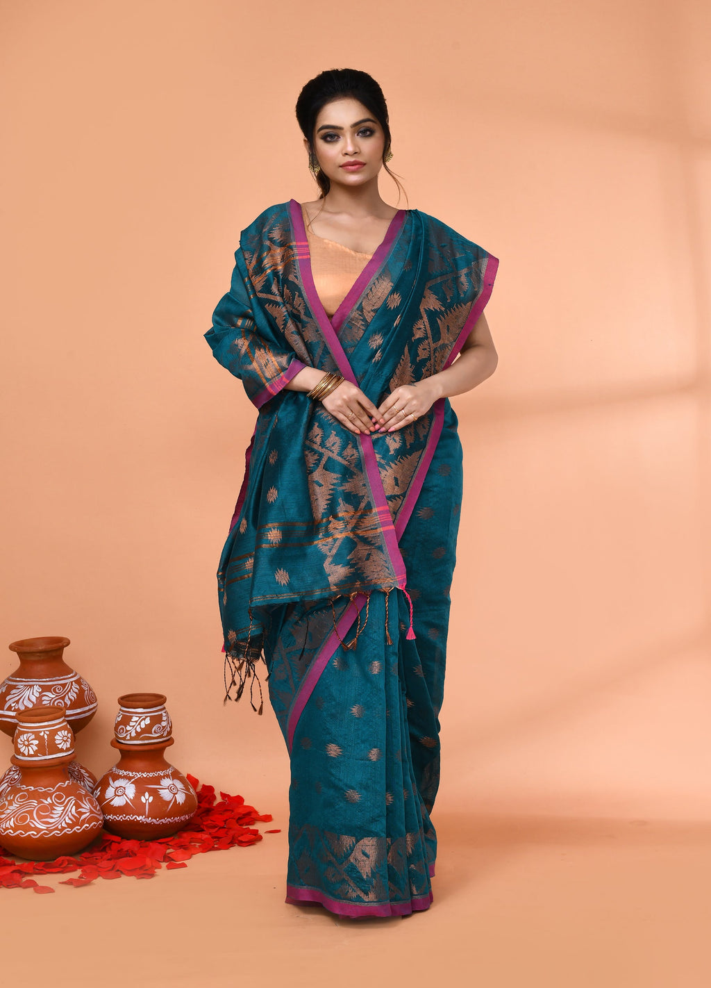Piyari Fashion Women`s Cotton Blend Teal Handloom Saree With Blouse | Grocsy