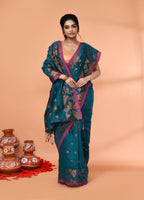 Piyari Fashion Women`s Cotton Blend Teal Handloom Saree With Blouse | Grocsy