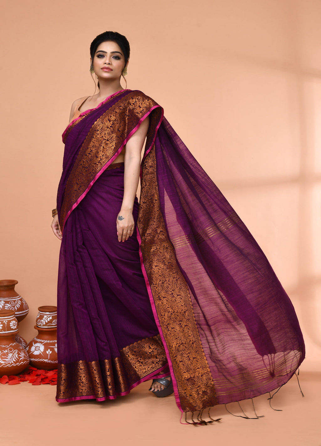 Piyari Fashion Women`s Cotton Blend Magenta Handloom Saree With Blouse | Grocsy