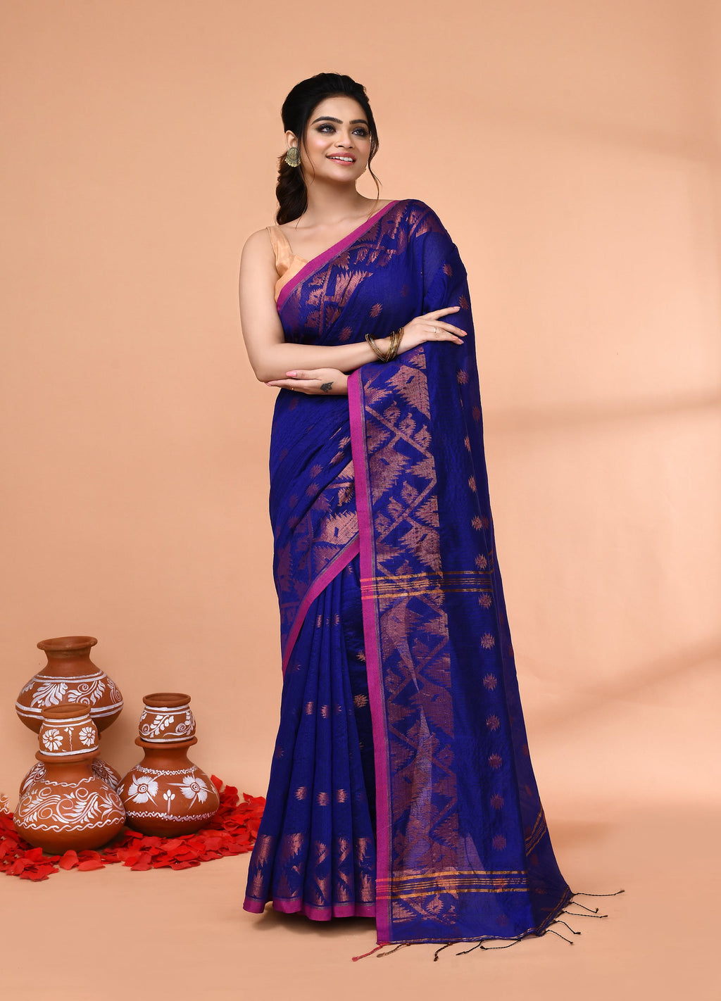 Piyari Fashion Women`s Cotton Blend Royel Blue Handloom Saree With Blouse | Grocsy