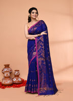 Piyari Fashion Women`s Cotton Blend Royel Blue Handloom Saree With Blouse | Grocsy