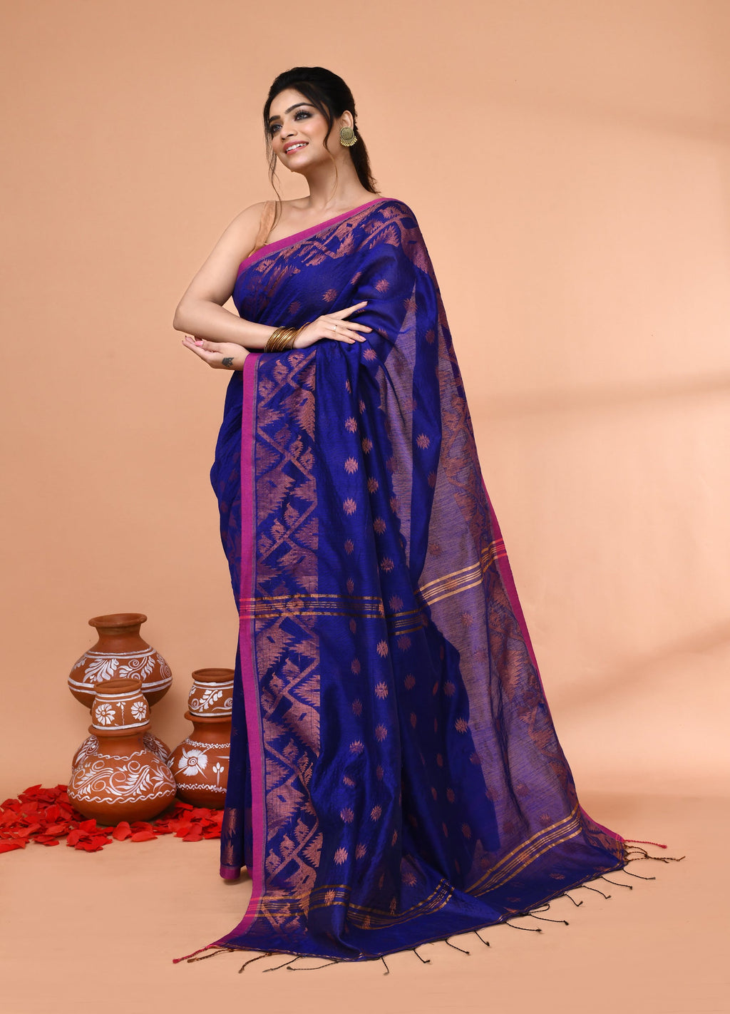 Piyari Fashion Women`s Cotton Blend Royel Blue Handloom Saree With Blouse | Grocsy