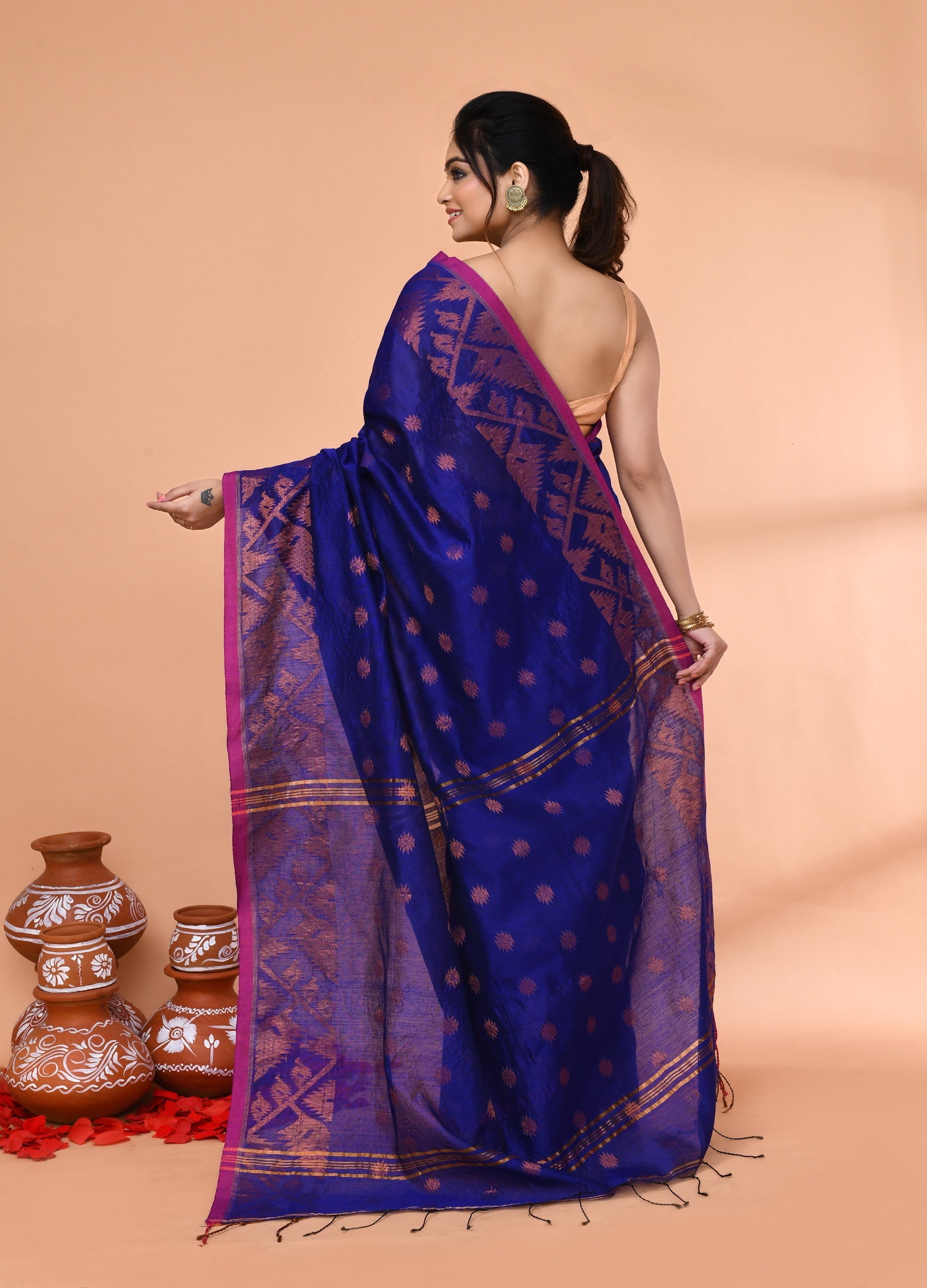 Piyari Fashion Women`s Cotton Blend Royel Blue Handloom Saree With Blouse | Grocsy