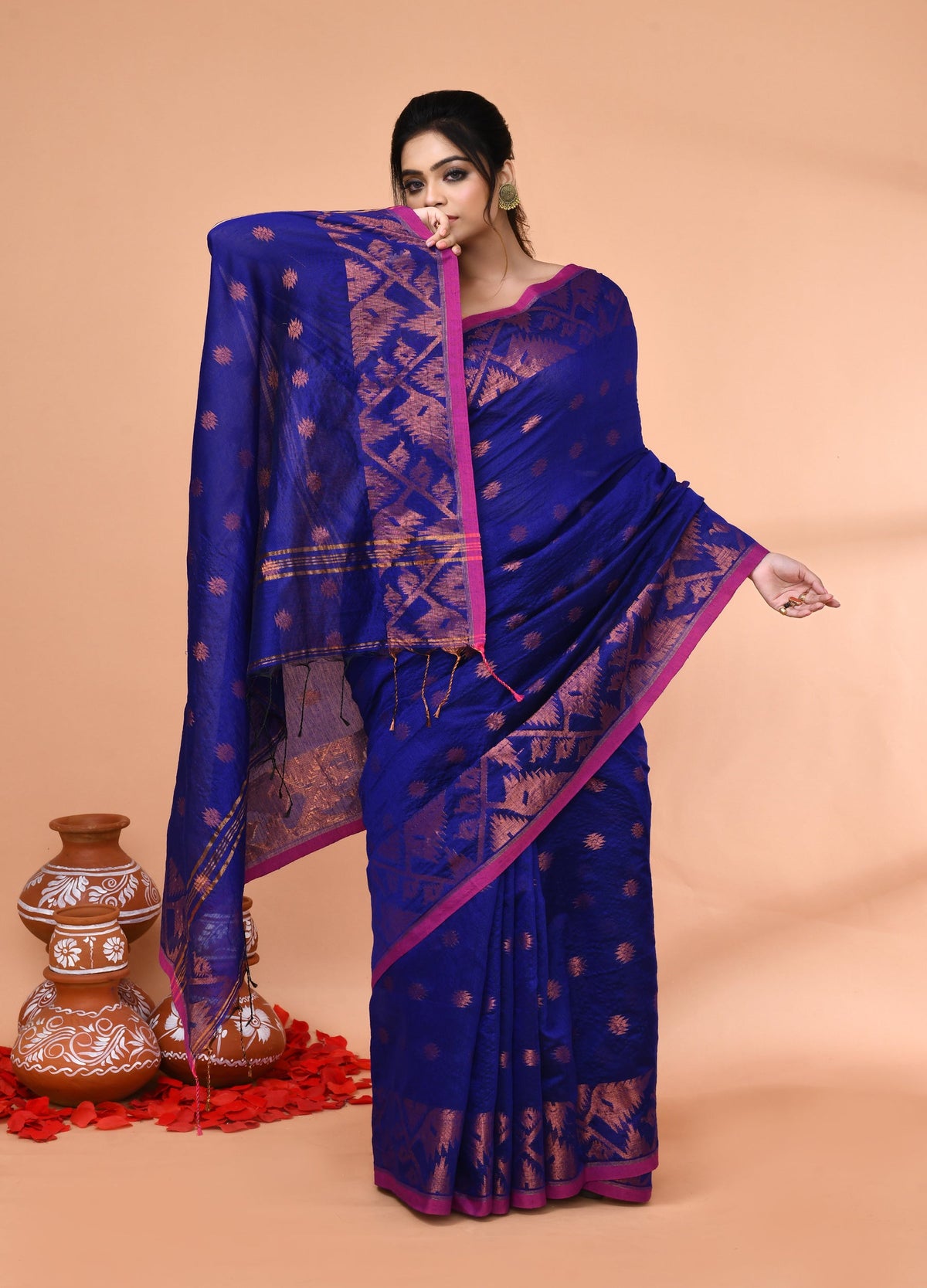 Piyari Fashion Women`s Cotton Blend Royel Blue Handloom Saree With Blouse | Grocsy