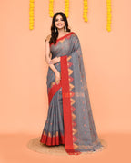 Piyari Fashion Women's Grey Cotton Blend Handloom Saree With Red Temple Border | Grocsy