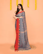 Piyari Fashion Women's Grey Cotton Blend Handloom Saree With Red Temple Border | Grocsy