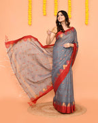 Piyari Fashion Women's Grey Cotton Blend Handloom Saree With Red Temple Border | Grocsy