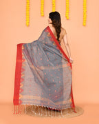 Piyari Fashion Women's Grey Cotton Blend Handloom Saree With Red Temple Border | Grocsy