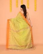 Piyari Fashion Women's Lime Yellow Cotton Blend Handloom Saree With Brown Temple Border | Grocsy
