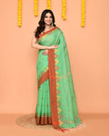 Piyari Fashion Women's Green Cotton Blend Handloom Saree With Red Temple Border | Grocsy
