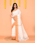 Piyari Fashion Women's White Cotton Blend Handloom Saree With Brown Temple Border | Grocsy