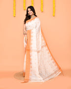 Piyari Fashion Women's White Cotton Blend Handloom Saree With Brown Temple Border | Grocsy