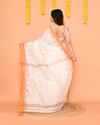 Piyari Fashion Women's White Cotton Blend Handloom Saree With Brown Temple Border | Grocsy