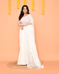 Piyari Fashion Women's White Cotton Blend Jamdani Saree With Tassels | Grocsy