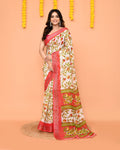 Piyari Fashion Women's Off White Printed Cotton Saree With Zari Border | Grocsy