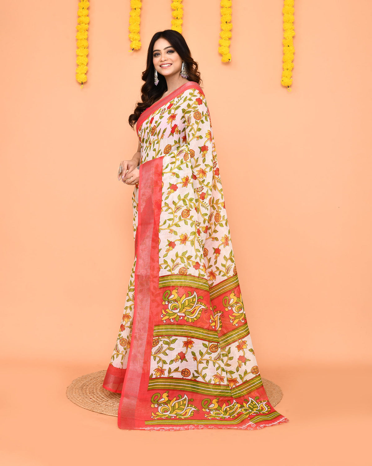 Piyari Fashion Women's Off White Printed Cotton Saree With Zari Border | Grocsy