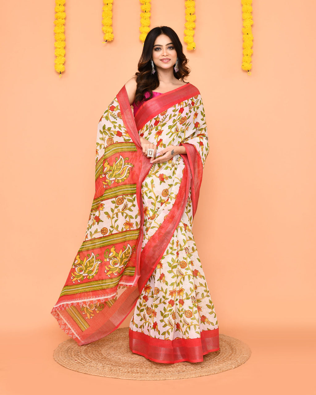 Piyari Fashion Women's Off White Printed Cotton Saree With Zari Border | Grocsy